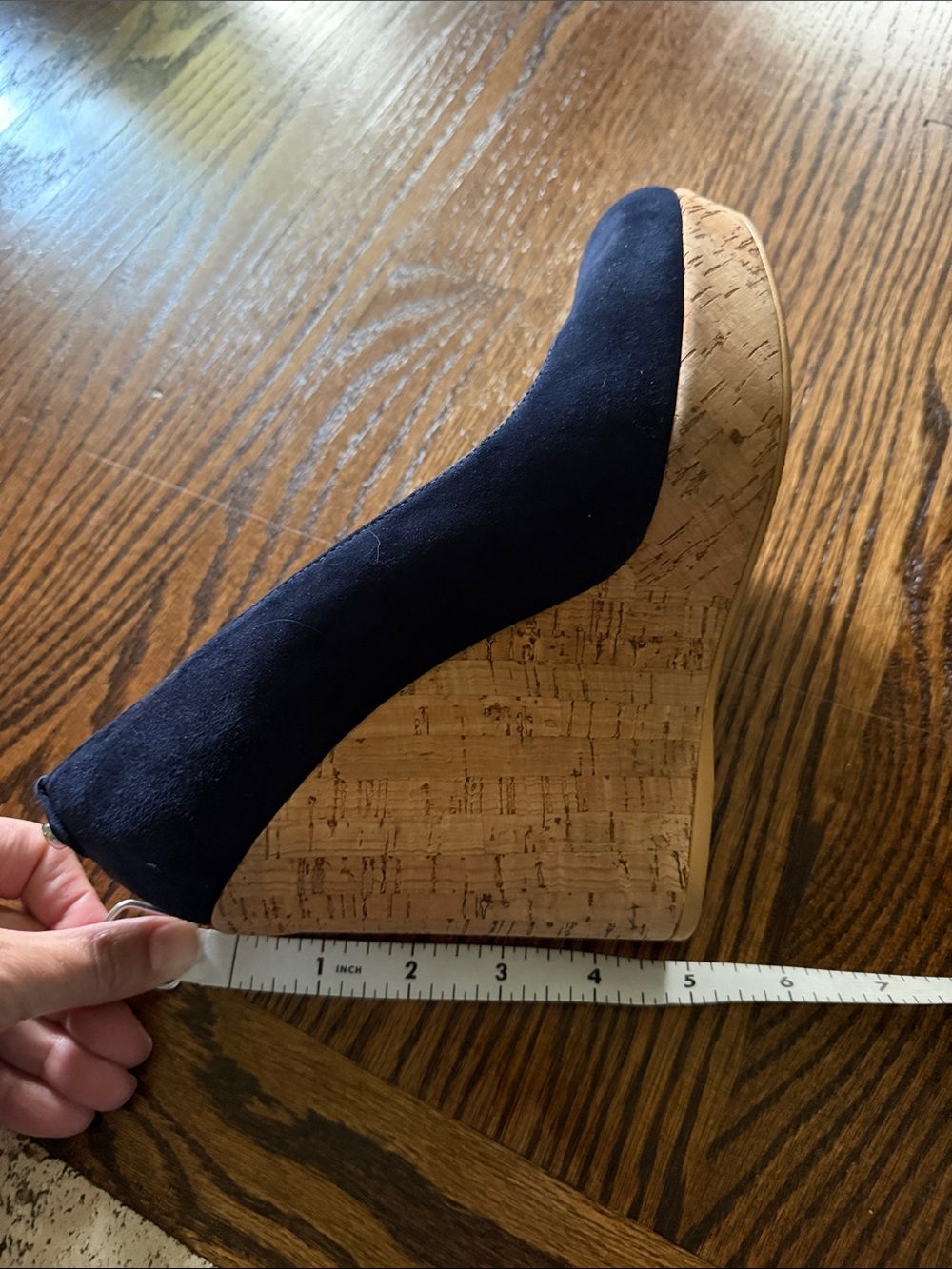 Stuart Weitzman Navy Suede Cork Wedge Pumps - Picture 6 of 7